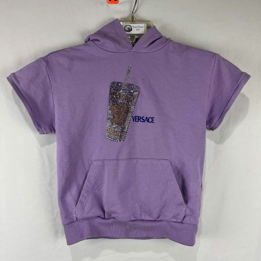 Versace Purple Crystal Soda Cup Short Sleeve Hoodie Girls Sz 4A 104cm Italy Made